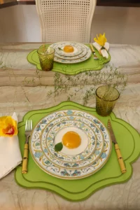 Patterned dinnerware paired with neutral linens