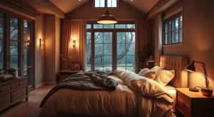 elegant bedroom with warm lighting creating a calm and inviting atmosphere