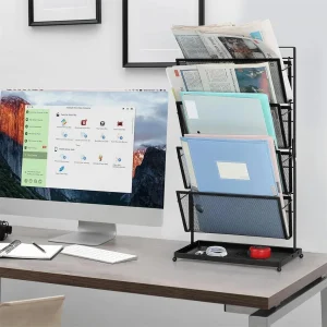 home office desk with simple paper organization system keeping documents under control