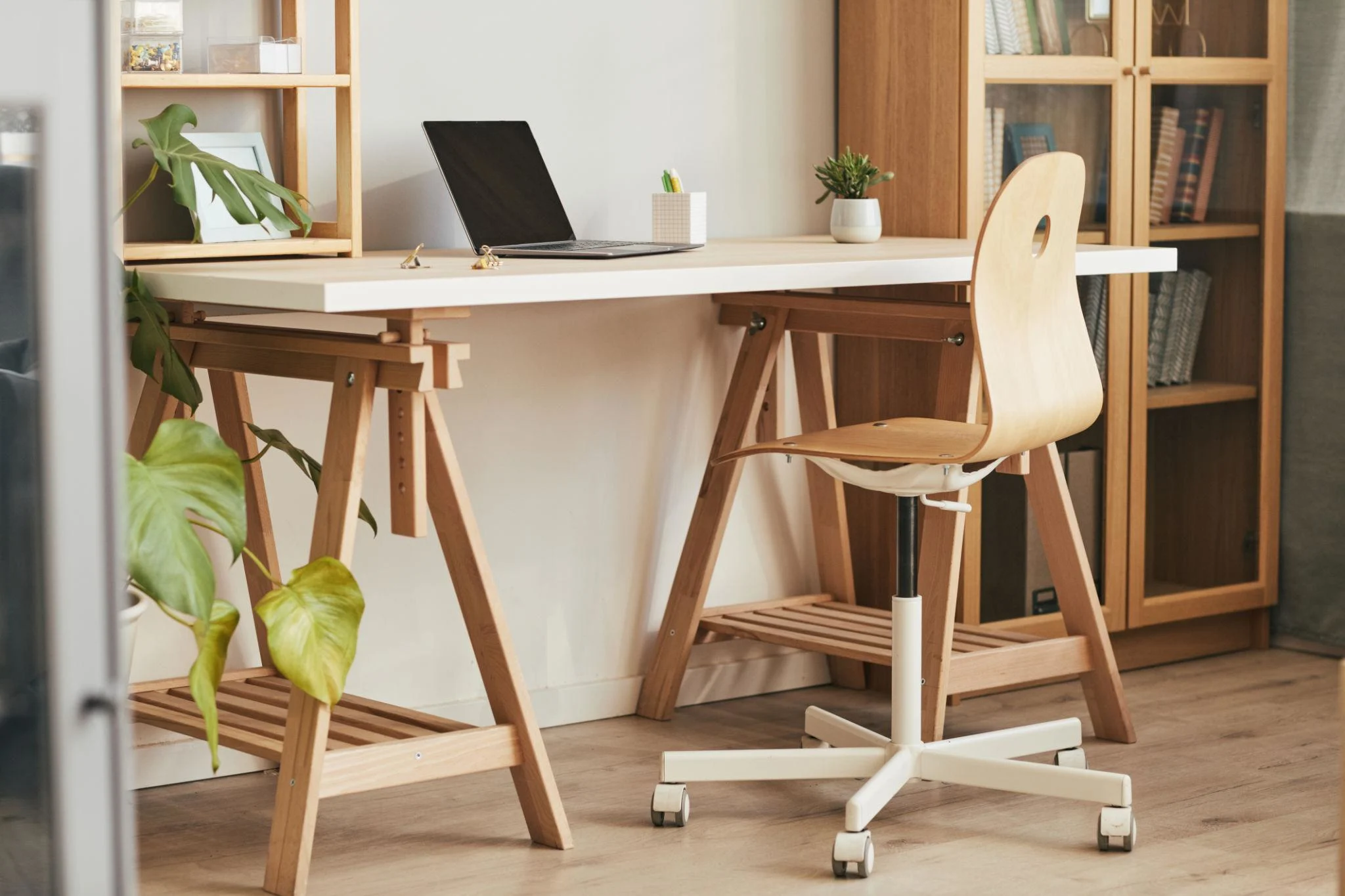 home office materials with wood and soft textures creating comfort