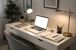 home office with focused lighting creating clarity and defining the work area