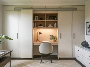 home office with hidden storage maintaining a clean and visually calm environment