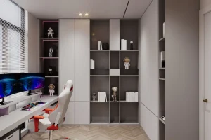 home office with vertical wall storage keeping the workspace open and organized