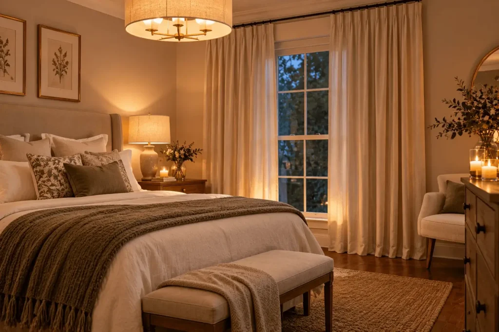 Cozy bedroom with neutral curtains, a beige upholstered bed, warm lighting, layered bedding, and a wooden bench in a softly decorated interior.