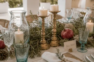 Brass candlesticks with white pillar candles surrounded by olive branches, eucalyptus, moss, and seasonal fruit on a coastal Mediterranean Christmas table.