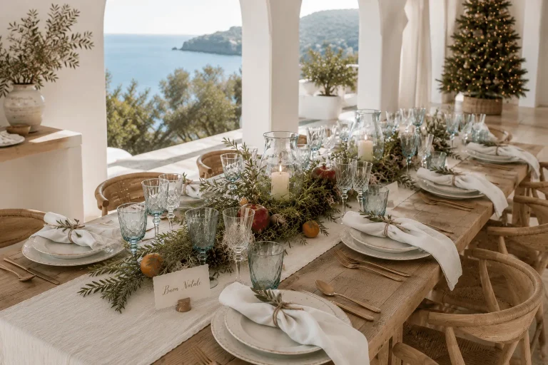 Coastal-Mediterranean-Christmas-dining-table-with-artisan-dinnerware-blue-glassware-natural-centerpiece-and-sea-views-through-white-arches