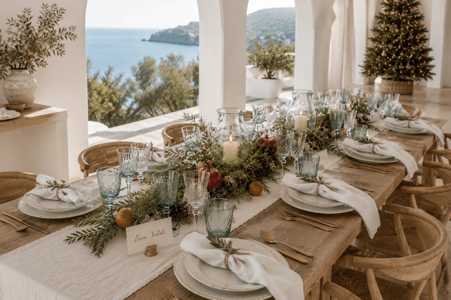 Coastal-Mediterranean-Christmas-dining-table-with-artisan-dinnerware-blue-glassware-natural-centerpiece-and-sea-views-through-white-arches