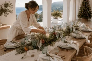 Coastal-Mediterranean-Christmas-table-setting-with-handmade-dinnerware-blue-glassware-natural-greenery-centerpiece-and-a-woman-styling-candles-beside-the-sea
