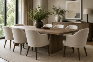 Contemporary dining room featuring comfortable upholstered dining chairs around a wood table