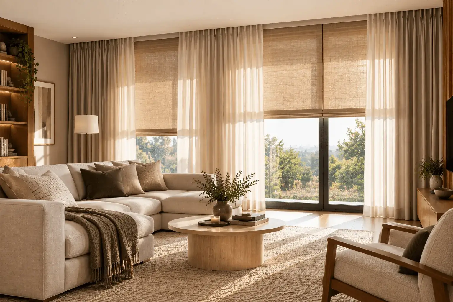 Contemporary living room with layered curtains and woven shades filtering natural light.