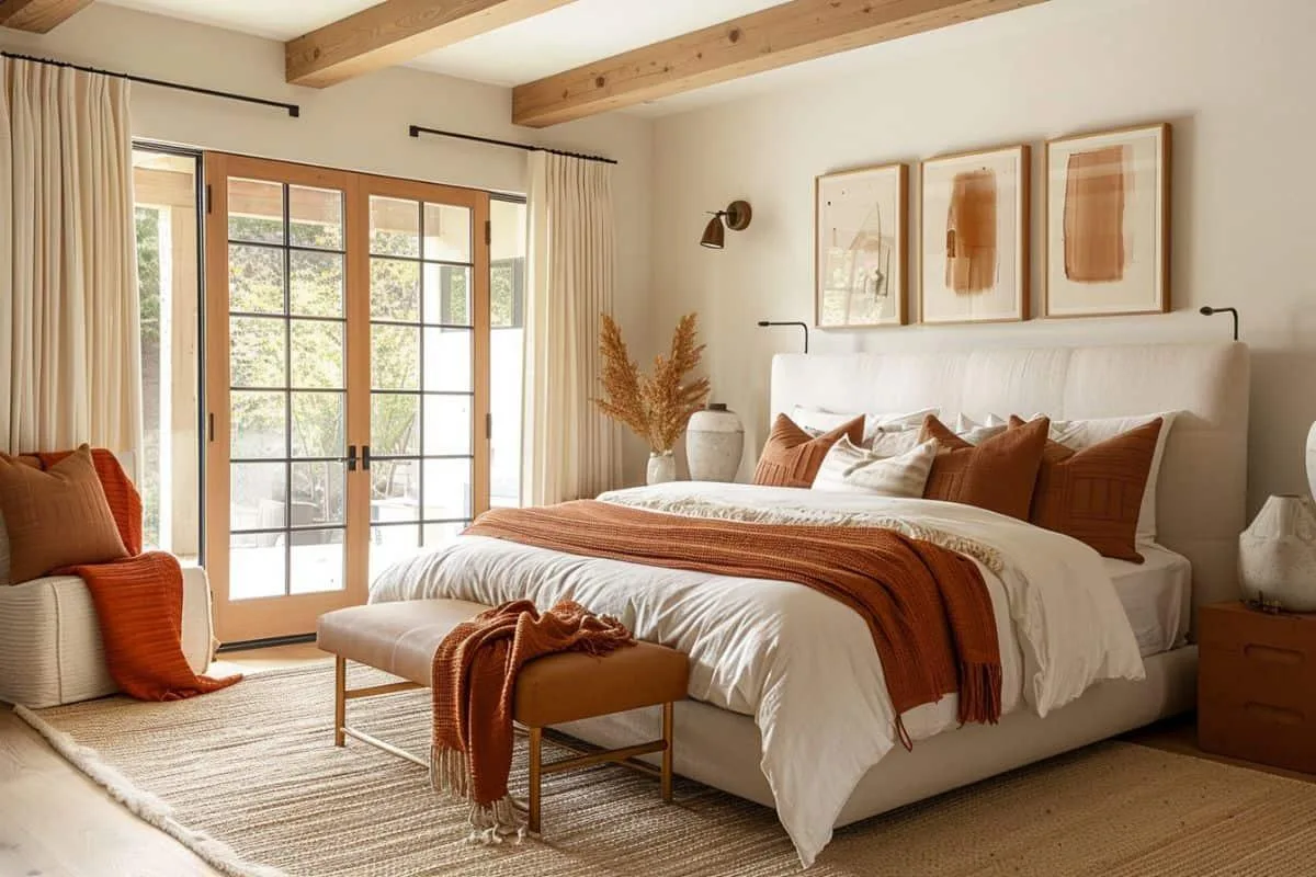 Cozy-bedroom-with-warm-neutral-colors-layered-white-bedding-terracotta-accents-linen-curtains-and-natural-wood-details.