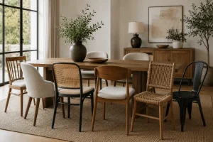 Dining chairs in different materials including wood, upholstery, woven cane, and metal