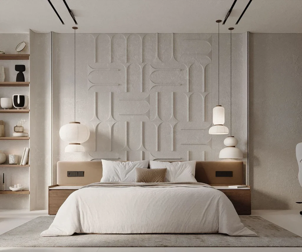 Minimalist-bedroom-featuring-a-textured-statement-wall-behind-the-bed-for-quiet-personality