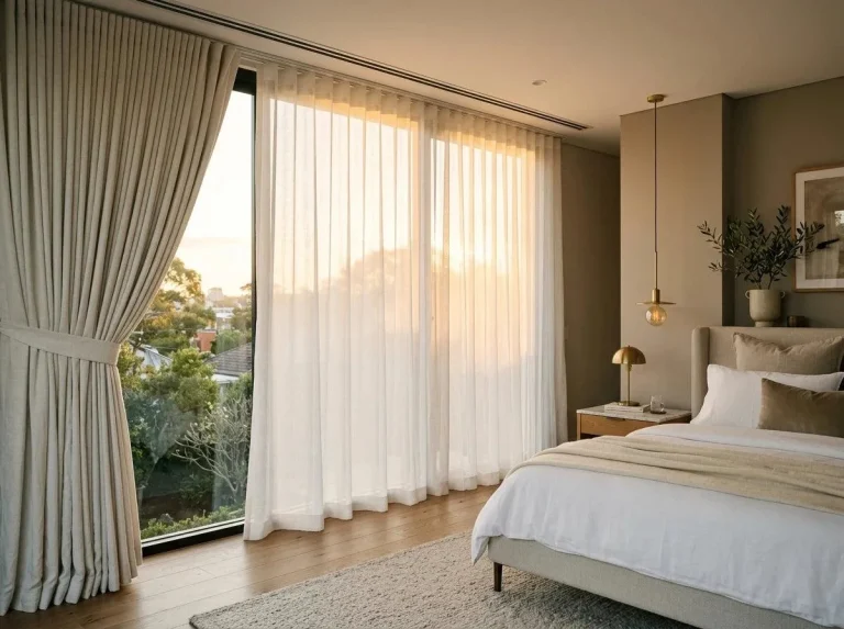 Modern bedroom with layered sheer curtains and blackout drapes for light control