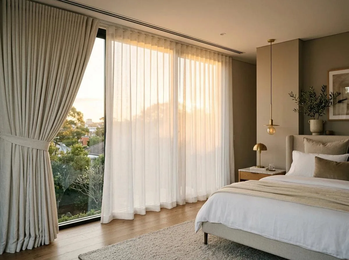 Modern bedroom with layered sheer curtains and blackout drapes for light control