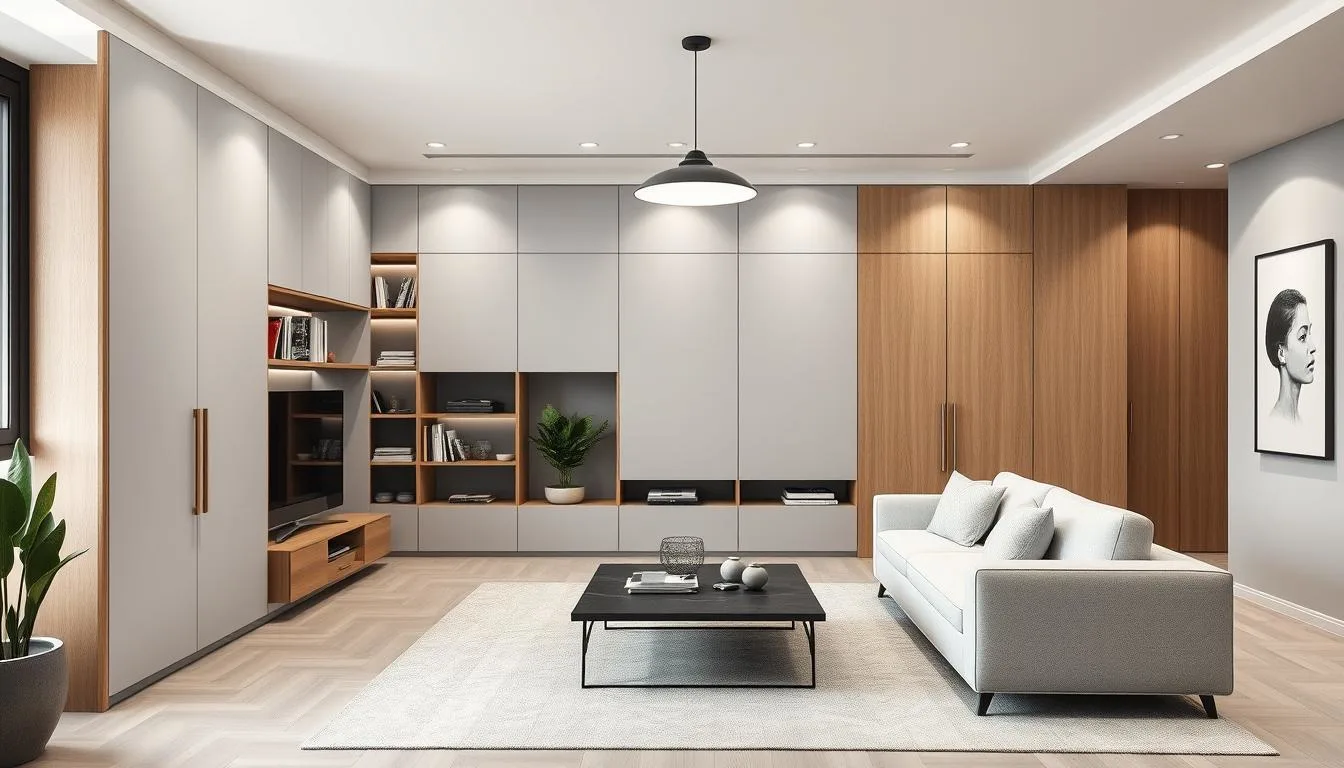 Modern living room with floor-to-ceiling built-in cabinets that provide hidden storage while maintaining a calm and clutter-free design.