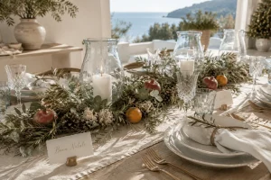 Natural Christmas centerpiece with glass hurricanes, white pillar candles, olive branches, eucalyptus, moss, pomegranates, and citrus on a linen table runner.