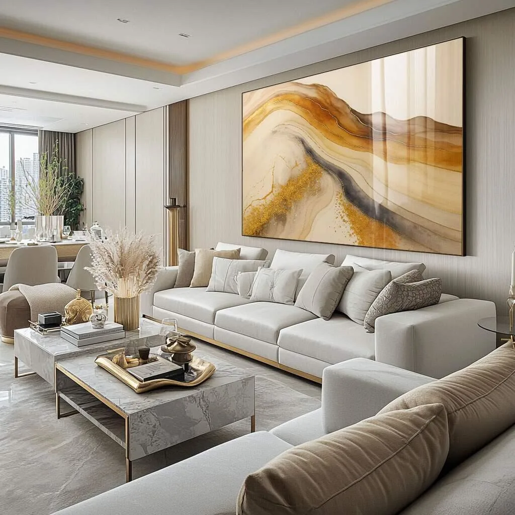 Neutral living room with oversized wall art creating a balanced and intentional focal point