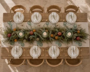 Overhead-view-of-an-eight-place-coastal-Mediterranean-Christmas-table-with-handmade-dinnerware-blue-glassware-natural-greenery-centerpiece-and-candlelight.
