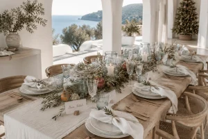 Rustic-coastal-Mediterranean-Christmas-table-with-blue-glassware-handmade-ceramic-dinnerware-linen-napkins-and-a-lush-natural-centerpiece-overlooking-the-sea.