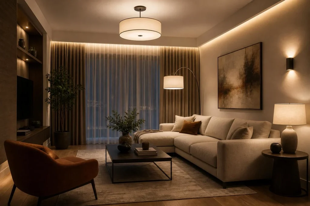 Small-living-room-with-layered-lighting-using-ceiling-cove-wall-floor-and-table-lamps-for-a-warm-and-inviting-atmosphere