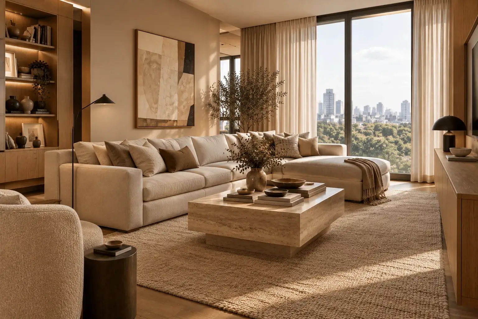 Warm living room with a beige sectional, travertine coffee table, textured rug, and large windows.