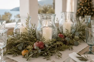 White-pillar-candles-inside-clear-glass-hurricanes-surrounded-by-olive-branches-eucalyptus-moss-pinecones-and-pomegranates-on-a-Mediterranean-Christmas-table