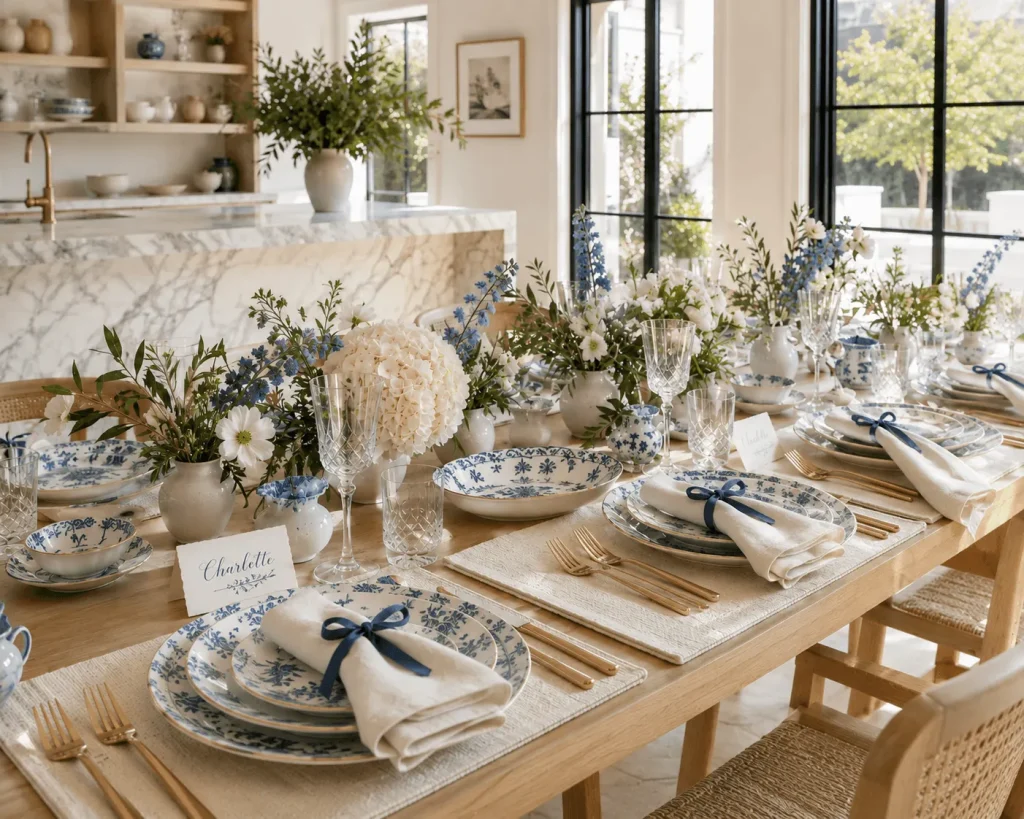 Blue-and-white-dinnerware-arranged-on-an-elegant-table-with-greenery-white-flowers-crystal-glassware-candles-and-natural-linen.