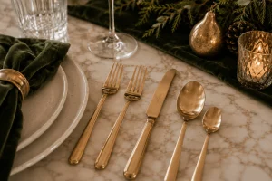 Brushed-brass-flatware-on-a-marble-dining-table-styled-for-Christmas