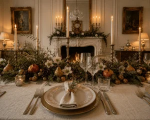 Brushed silver flatware paired with fine porcelain on a European Christmas table