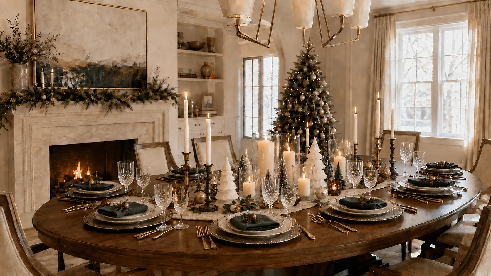 Christmas-table-decoration-ideas-with-an-oval-walnut-table-forest-green-napkins-crystal-glassware-ivory-runner-candles-sculptural-Christmas-trees-and-a-decorated-tree-beside-a-fireplace.