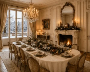 Classic-European-dining-room-decorated-for-Christmas-with-an-elegant-winter-tablescape.