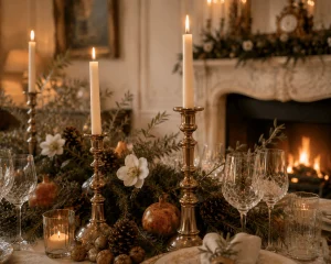 Classic brass candlesticks bringing warm candlelight to a European Christmas table