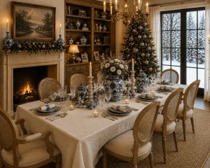 Classic-living-room-decorated-for-Christmas-with-a-blue-holiday-table-and-illuminated-Christmas-tree
