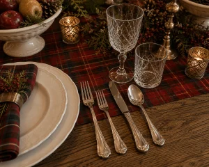 Classic silver flatware paired with crystal glassware and plaid Christmas table runner.