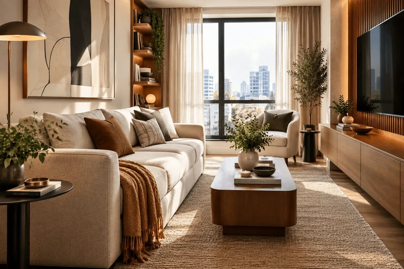 Contemporary living room with a cream sofa, wood coffee table, neutral rug, abstract art, greenery, and large windows.