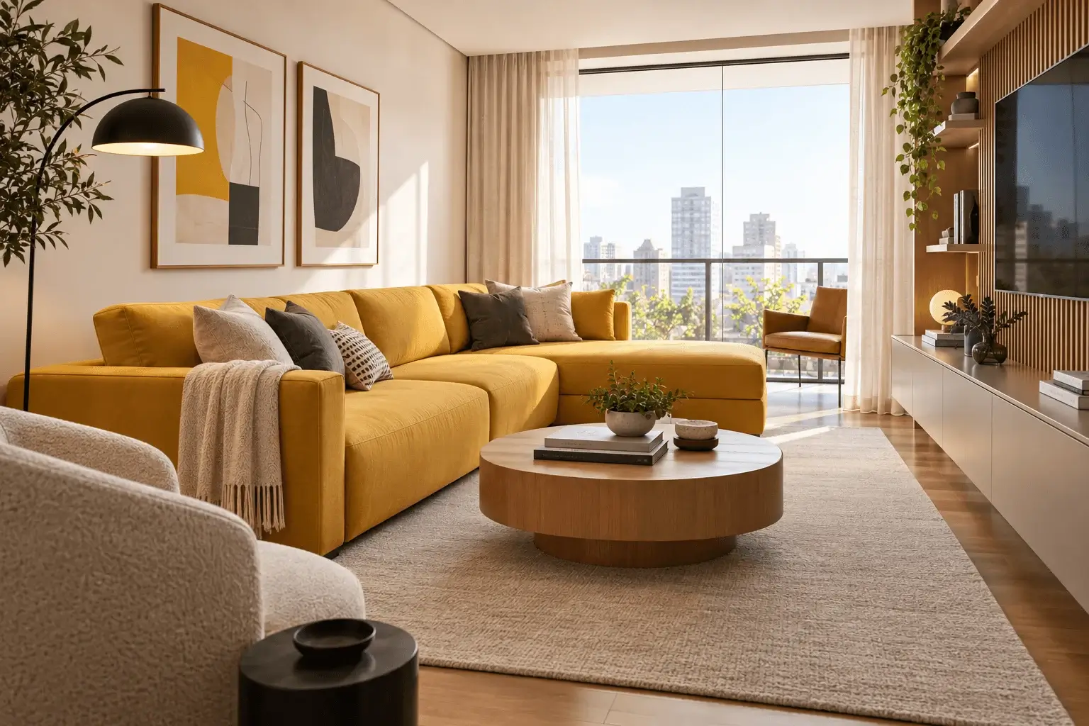 Contemporary living room with a mustard yellow sectional, round wood coffee table, neutral rug, abstract art, and floor-to-ceiling windows.