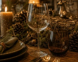 Crystal-wine-glass-and-amber-tumbler-styled-on-a-woodland-Christmas-table