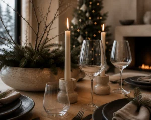 Crystal-wine-glasses-beside-lit-taper-candles-on-a-minimalist-Christmas-table