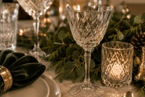 Crystal-wine-glasses-reflecting-candlelight-on-an-elegant-Christmas-table