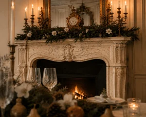 Elegant European dining room with fireplace, crystal chandelier and Christmas decorations