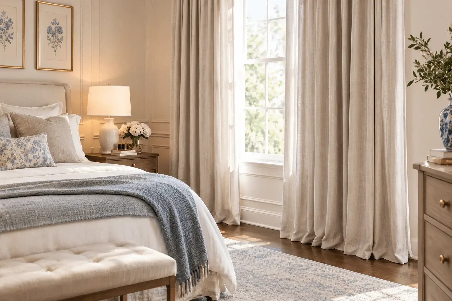 Elegant bedroom with floor-length linen curtains framing a bright window, creating a soft and inviting atmosphere.
