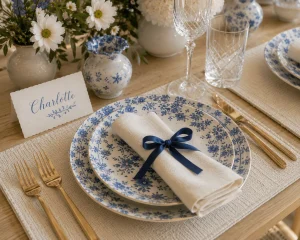 Elegant-blue-and-white-dinnerware-place-setting-with-patterned-plates-linen-napkin-crystal-glassware-and-polished-flatware.