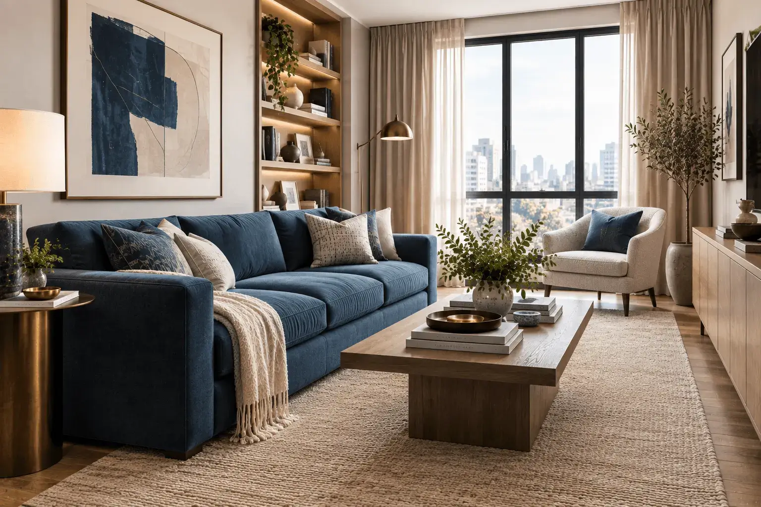 Elegant-living-room-with-blue-sectional-wood-coffee-table-neutral-rug-abstract-art-and-large-windows