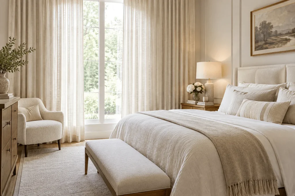 Elegant neutral bedroom with linen curtains and soft natural light