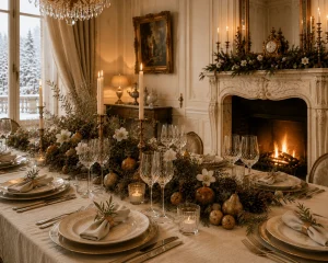 European winter Christmas centerpiece with evergreen branches, white flowers, pears, pomegranates and pinecones