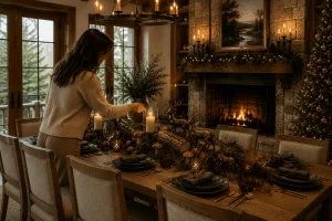 Forest-inspired Christmas centerpiece with moss, pinecones, birch logs and woodland decorations