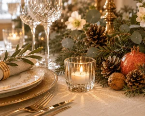 Glass candle holder glowing beside seasonal greenery on a European Christmas table