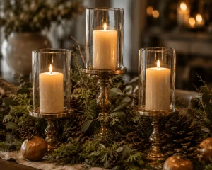 Glass hurricanes with pillar candles illuminating a woodland Christmas centerpiece
