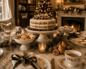 Guest view of a festive layer cake surrounded by floral china, holiday pastries, fruit, and candlelight